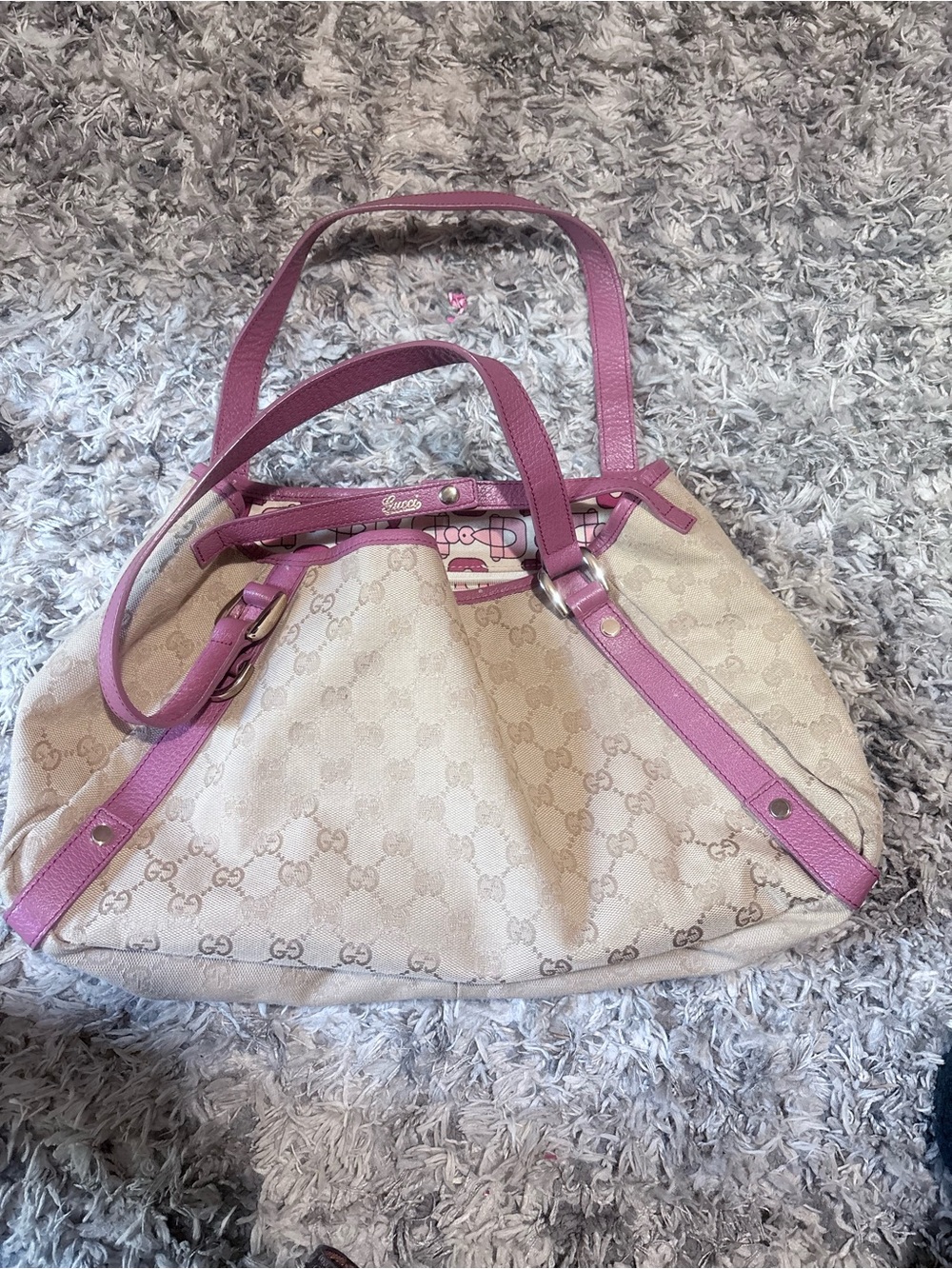 Gucci Beige GG Canvas Tote with Pink Leather Trim